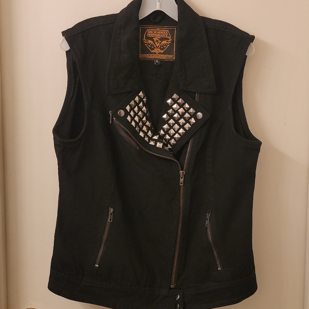Zipper Front Denim Vest with Studded Spikes